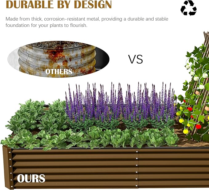Domi 6x3x2ft Metal Raised Garden Beds Outdoor, Thickened Galvanized Steel Deep Root Planter Box with Stabilizing Bars & Rubber Edging for Vegetables, Flowers, Herbs - Brown