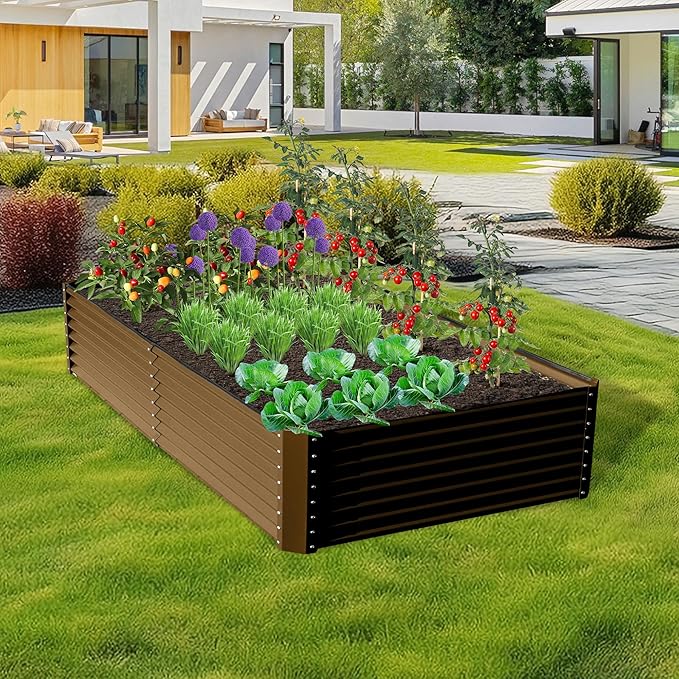 Domi 8x4x2ft Metal Raised Garden Beds Outdoor, Thickened Galvanized Steel Deep Root Planter Box with Stabilizing Bars & Rubber Edging for Vegetables, Flowers, Herbs - Brown
