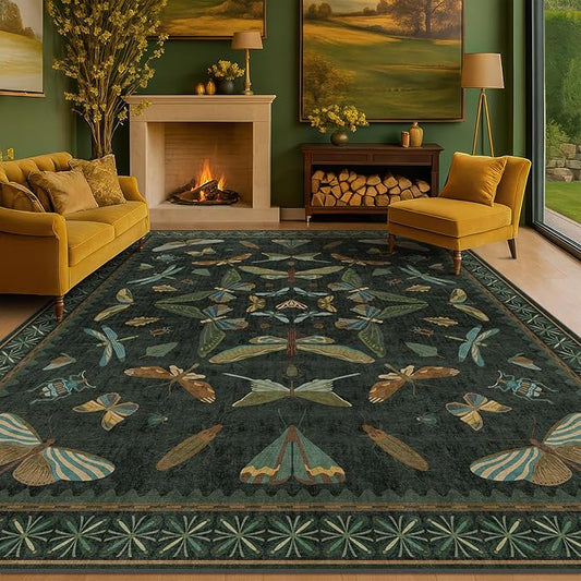 Dark Green Insect Area Rugs 8x10 for Living Room, Dining Room Under Table, Bedroom, Unique Washable Floral Non Slip Low Pile Soft Rug