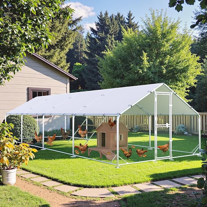 Large Chicken Coop,Metal Chicken Run for Yard with Feeding Door,Walk-in Chicken Pen for 30-40 Chickens,Outdoor Poultry Cage with Anti-UV Cover,Duck Rabbit House