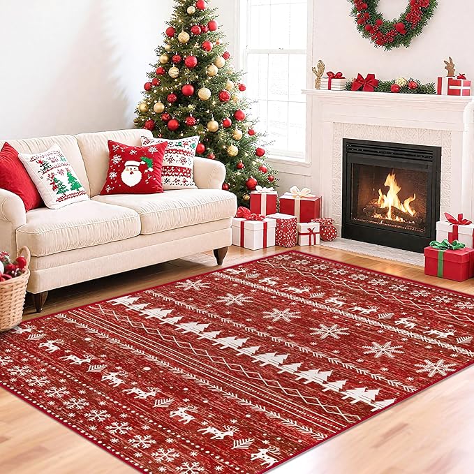 Christmas 4x6 Rug for Living Room: Washable Moroccan Geometric Rug Boho Non Slip Stain Resistant Rugs Low Pile Soft Carpet for Xmas Holiday Decor Kitchen Laundry Room Bedroom (Xmas Red,4'x6')