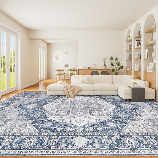 DUKINO 9x12 Rugs for Living Room, Soft Non-Slip Washable Area Rugs, Faux Wool Bedroom Rug with Non-Shedding, Indoor Low-Pile Boho Rugs for Dining Room, Home Office, Blue