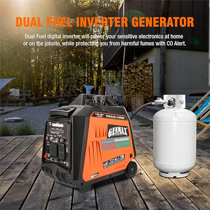 GENMAX Dual Fuel Generator,4600W ultra-quiet 159cc engine,Electric & Remote Start with CO Alert and LED light digital display,Ideal for Camping outdoor & Home backup power.EPA &CARB Compliant