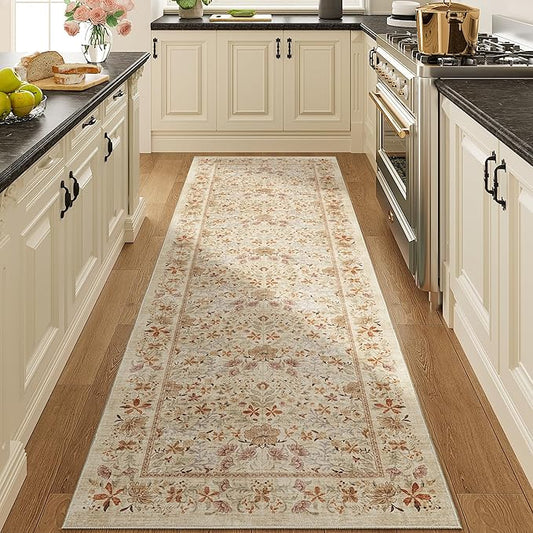 DUKINO 2.6x8 Runner Rug for Hallway, Washable Vintage Floral Kitchen Rug with Non Slip Backing, Soft Low Pile Throw Carpet Runner for Kitchen, Laundry, Hallway, Bathroom, Beige