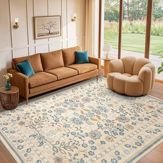 10x12 Area Rug Living Room Rugs - Washable Boho Vintage Floral Large Soft Non Slip Thin Rug Low Pile Carpet for Bedroom Dining Room Kids Playroom Office Decor Indoor- Multi Color
