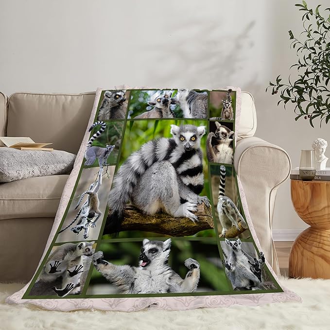 Lemur Blanket Gifts for Girls Boys Soft Warm Plush Wild Animal Lemur Throw Blanket Flannel Fleece Fuzzy Blanket for Kids Lover Bed Couch Living Room Decor 80"X60"