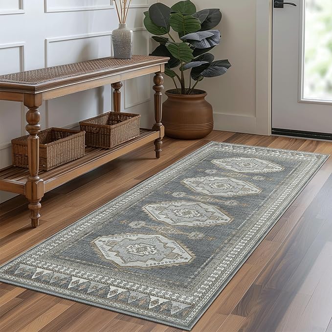 GENIMO 2x5 Washable Runner Rug for Hallway, Vintage Non Slip Low Pile Carpet, Soft Lightweight Printed Rug for Entryway, Kitchen, Corridor & Home Office, Gray/Beige