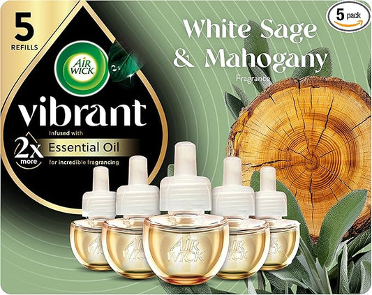 Air Wick Vibrant Plug In Scented Oil Refill,White Sage & Mahogany, 5 ct