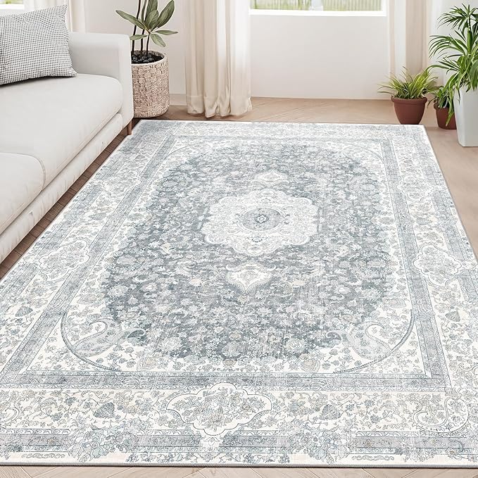 5x7 Area Rugs Washable,Grey Rug for Living Room Bedroom Kitchen,Large Boho Vintage Bohemian Distressed Carpet Non Slip,Floral