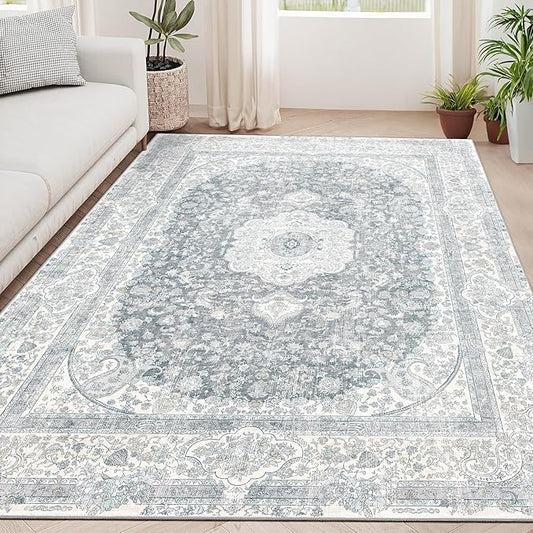 5x7 Area Rugs Washable,Grey Rug for Living Room Bedroom Kitchen,Large Boho Vintage Bohemian Distressed Carpet Non Slip,Floral