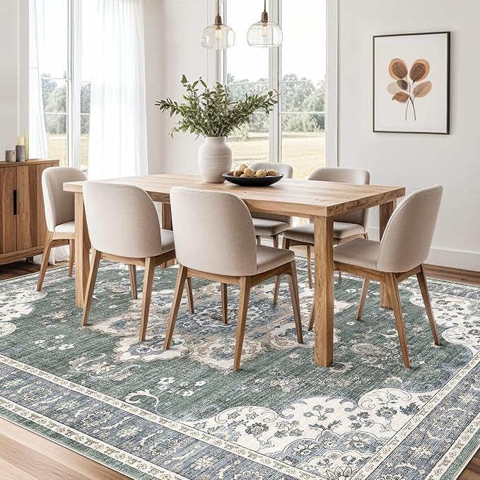 Area Rug for Living Room - 6x9 Soft Washable Oriental Vintage Floral Distressed Large Carpet - Fade Stain Resistant Non Slip Rugs for Bedroom Dining Room Nursery Dorm Office Home Decor - Green