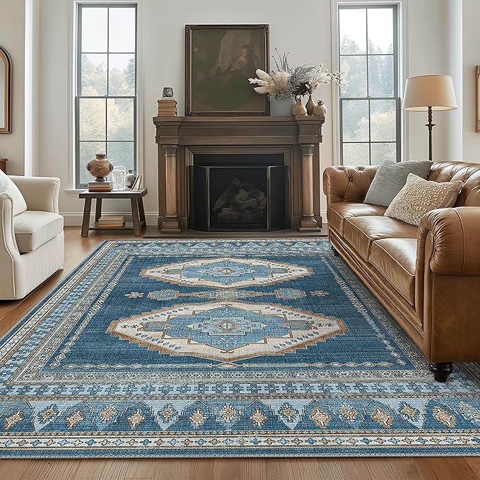 GENIMO Machine Washable 10x14 Area Rugs for Living Room, Non Slip Vintage Rugs, Low Pile Lightweight Chenille Print Rug for Bedroom, Dining Room, Home Office, Navy/Brick