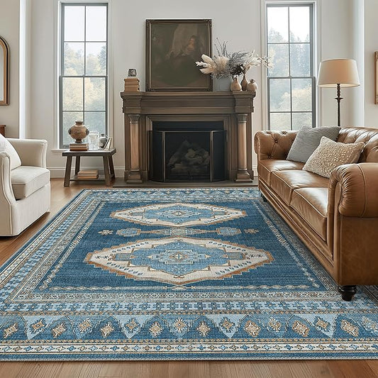 GENIMO Machine Washable 10x14 Area Rugs for Living Room, Non Slip Vintage Rugs, Low Pile Lightweight Chenille Print Rug for Bedroom, Dining Room, Home Office, Navy/Brick