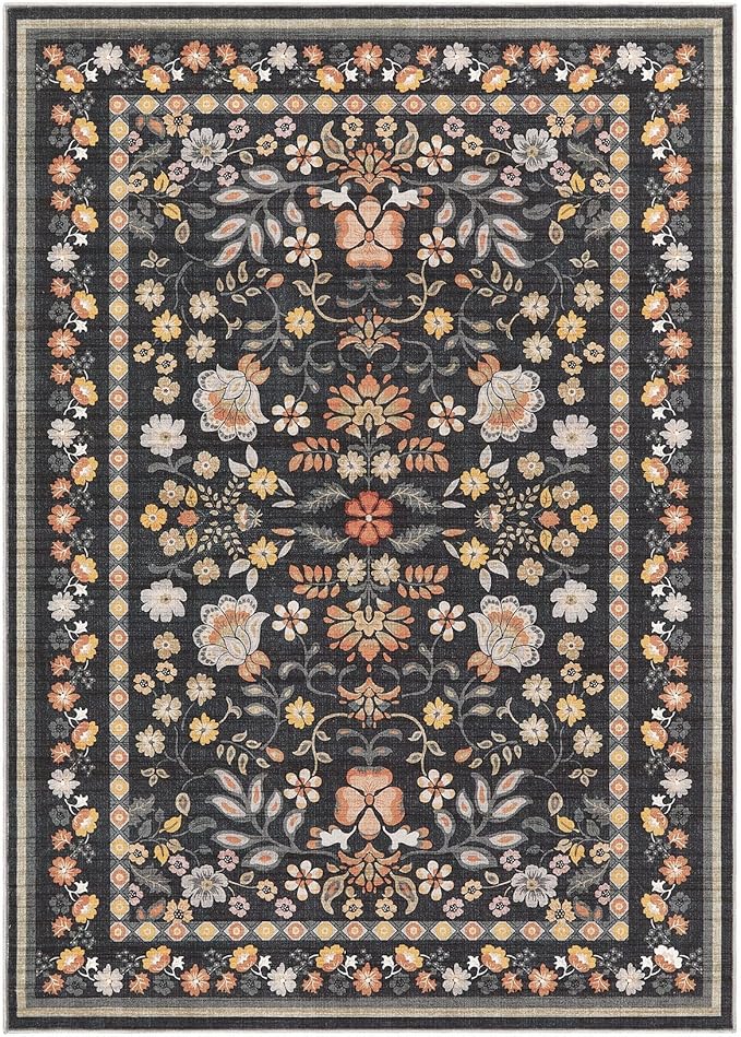 6x9 Area Rug Living Room Rugs - Washable Boho Vintage Floral Large Soft Non Slip Thin Rug Low Pile Carpet for Bedroom Dining Room Kids Playroom Office Decor Indoor- Black Grey