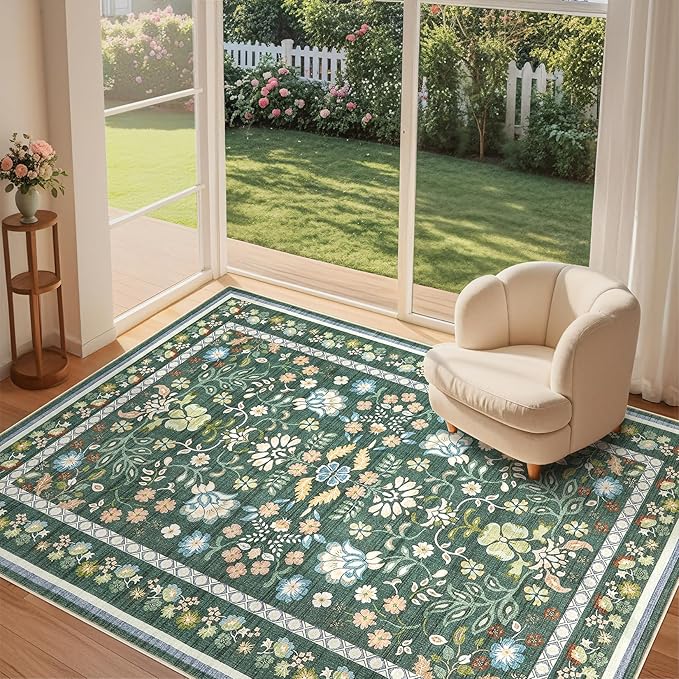 10x12 Area Rug Living Room Rugs - Washable Boho Vintage Floral Large Soft Non Slip Thin Rug Low Pile Carpet for Bedroom Dining Room Kids Playroom Office Decor Indoor- Green