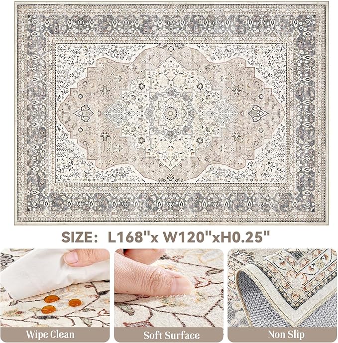 Washable Rug 10x14 Area Rugs for Living Room Bedroom Dining Room Home Office Floor Decor -Stain & Fade Resistant Non Slip Backing Carpet,Ultra-Thin Vintage Large Carpets (Camel/Beige,10'x14')