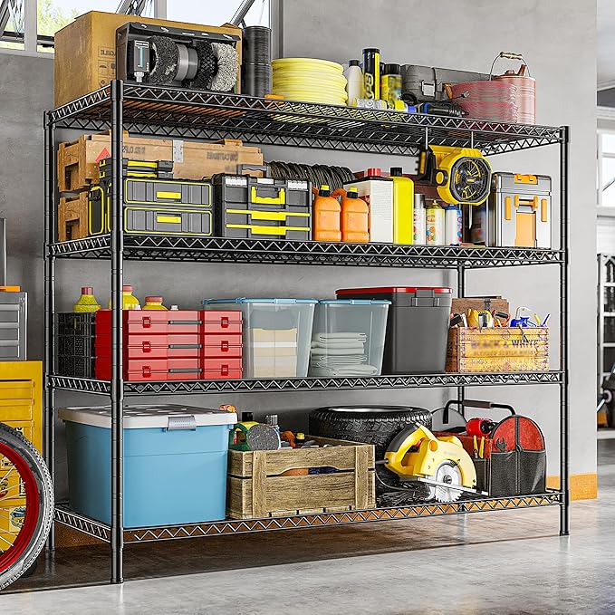 REIBII 2560LBS Storage Shelves 55.5"W Metal Shelving Unit 4 Tier Wire Shelving Commercial Adjustable Garage Shelving Heavy Duty for Storage Rack for Pantry, Garage, Kitchen, 55.5"W x 18"D x 55.5"H