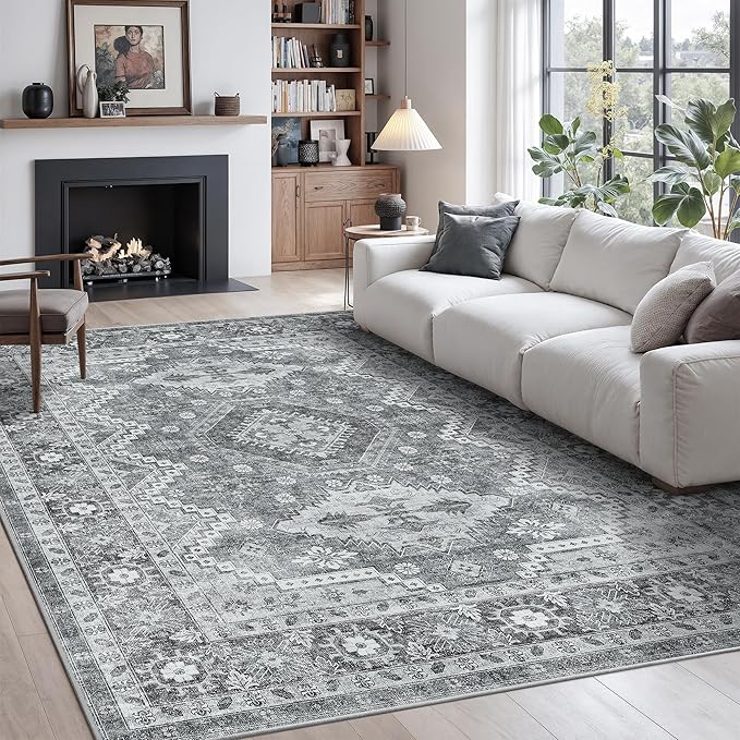 Rugland 4x6 Rug - Stain Resistant Washable Rug, Anti Slip Backing Rugs for Living Room, Vintage Tribal Area Rugs (TPR07-Grey, 4'x6')