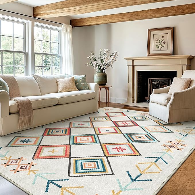 GENIMO Machine Washable 3x5 Area Rugs for Living Room, Non Slip Vintage Rugs, Low Pile Lightweight Chenille Print Rug for Bedroom, Dining Room, Home Office, Rainbow