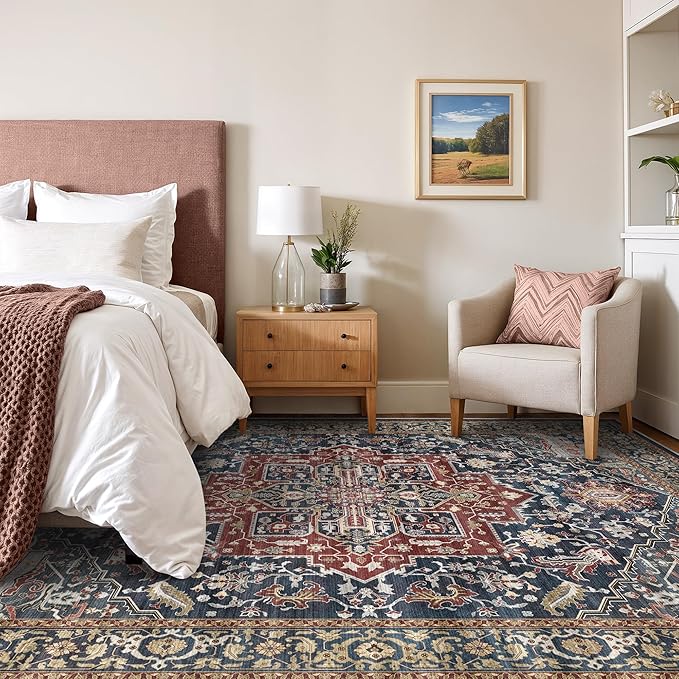 Rugland 6x9 Area Rugs - Stain Resistant Washable Rug, Anti Slip Rugs for Living Room, Vintage Tribal Area Rugs(Medallion 01-Rust/Blue, 6'x9')