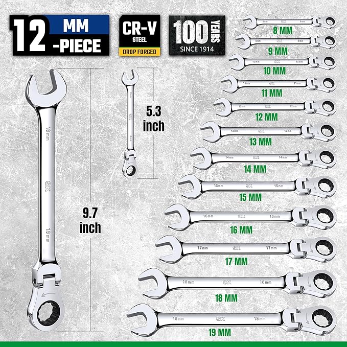 SK Flex-Head Ratcheting Wrench Set, Combination Wrench Set, 12-Piece, Metric 8 to 19mm, 72-Tooth, Premium CR-V Construction, with Rack Organizer
