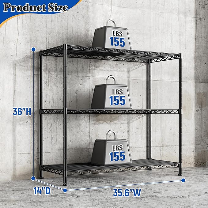 3- Shelf Metal Shelving Unit 35.6Wx14Dx36H Adjustable Storage Shelves Heavy Duty Garage Shelving Steel Wire Shelving for Laundry Bathroom Kitchen Pantry Closet Garage Black