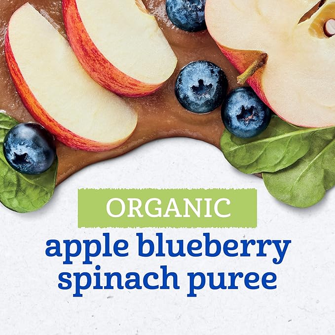 Gerber Stage 2 Baby Food, Organic Apple Blueberry Spinach Puree Pouch, 2 Servings of Fruit & Veggie, No Added Sweetener, No Artificial Colors or Flavors, 12-Pack