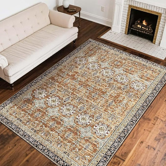 VEVOR 8 x 10 Area Rug, Washable Rug Non-Slip and Tear-Resistant Soft Carpet Pet & Child Friendly, Vintage Area Rugs Indoor Mat for Bedroom Living Room Kids Room Office Brown Green