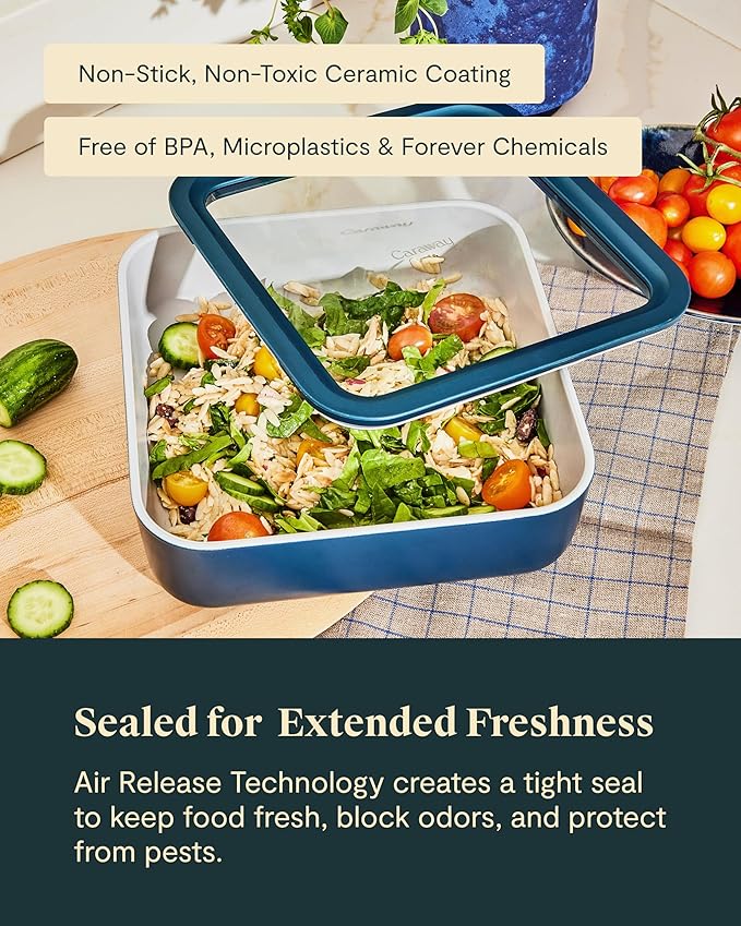 Caraway Glass Food Storage - 10 Cup Glass Container - Ceramic Coated Food Container - Non Stick Lunch Box with Lids - Dishwasher, Oven, & Microwave Safe - Square Shape - Gray