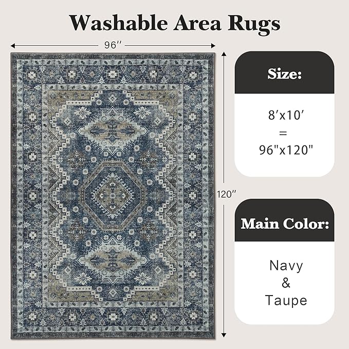 Rugland 8x10 Area Rugs - Stain Resistant Washable Rug, Anti Slip Backing Rugs for Living Room, Vintage Tribal Area Rugs (TPR07-Navy, 8'x10')