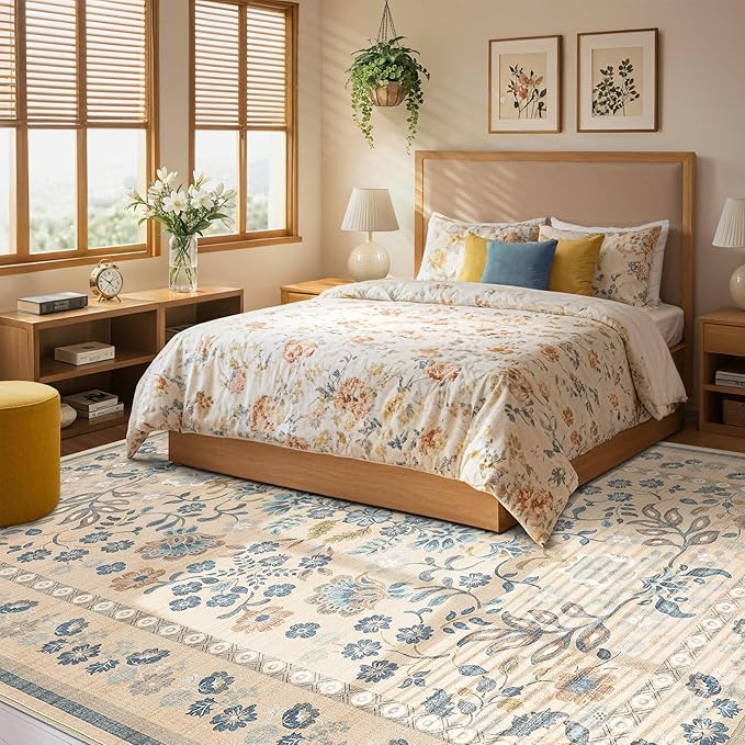 5x7 Area Rug Living Room Rugs - Washable Boho Vintage Floral Large Soft Non Slip Thin Rug Low Pile Carpet for Bedroom Dining Room Kids Playroom Office Decor Indoor- Multi Color
