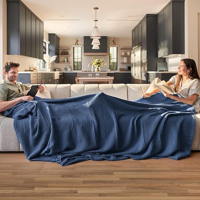Bedsure Gentlesoft 100% Cotton Blanket King Size for Bed - Breathable and Soft, Thick Cozy Waffle Weave Christmas Blanket Gift for Women, Navy, 104x90 inches