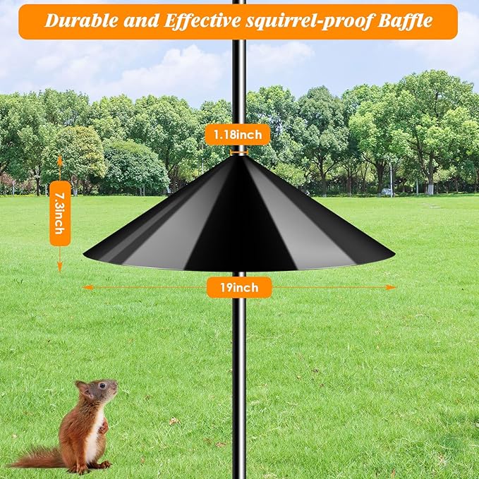 FEED GARDEN 92 Inch Adjustable Shepherd Hook with Squirrel Baffles Heavy Duty Garden Hooks 5-Prong Base Bird Feeder Pole with Three Hooks for Hanging Plant Baskets Solar Lights Lanterns