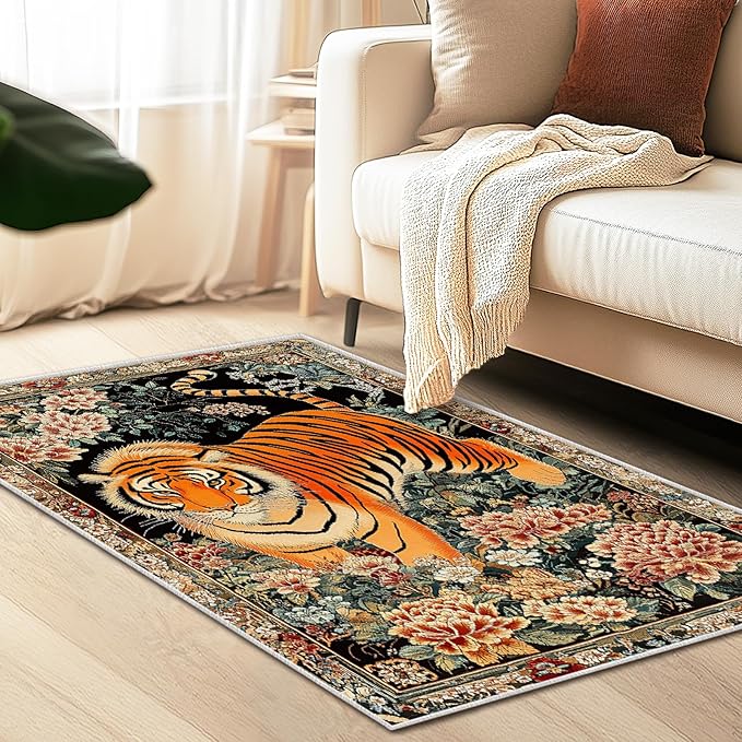 3x5 Tiger Rugs Boho Floral Flower Tiger Rug for Bathroom Kitchen Entryway Indoor Soft Non-Slip Thin Hippie Carpet Small Doormat for Office Dining Room Under Table Washable Machine