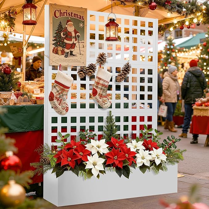 FENCY Metal Raised Garden Bed with Trellis, Metal Planter Box with Trellis, Garden Box for Climbing Plants Vegetable, 47''Lx16''Wx71''H Garden Bed with Drainage Holes(White)