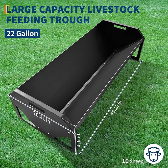 45.13" Heavy Duty Steel Goat Feeder, Heavy Duty 22 Gallon Capacity Livestock Feed Trough, Thickened Livestock Feeder for Goats, Sheep, Horses, Cattle, Alpacas, Easy to Clean, Black