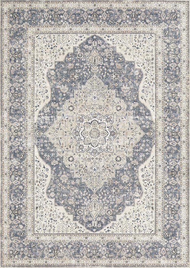 Washable Rug for Living Room - 7x9 Non-Slip Soft Vintage Floral Area Rug for Family Kids & Pet, Stain Resistant Carpet for High Traffic Bedroom Dining Room Teen Dorm Home Decor Aesthetic (Blue/Beige)