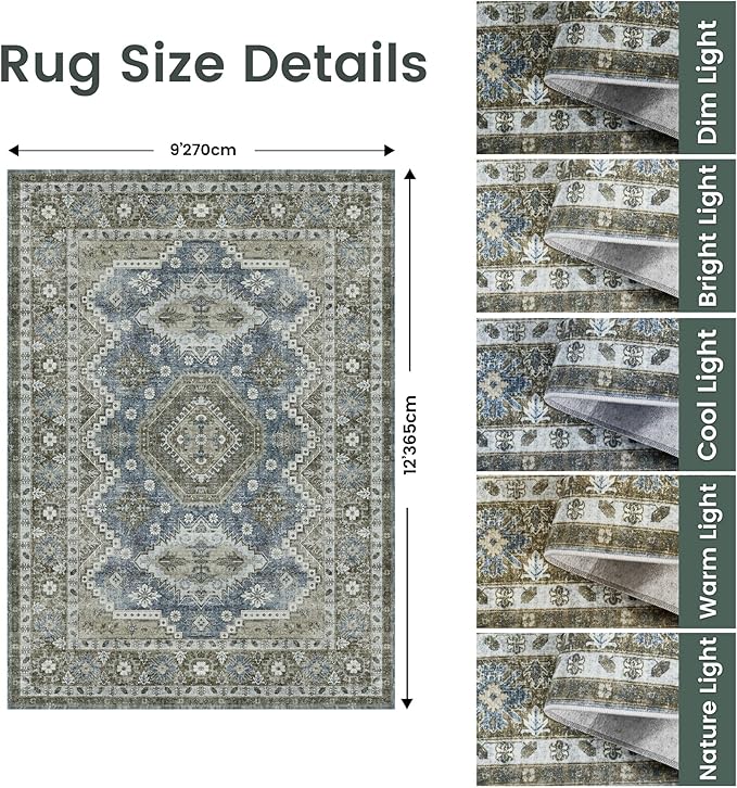 Rugland 9x12 Area Rug - Stain Resistant Washable Rug, Anti Slip Backing Rugs for Living Room, Vintage Tribal Area Rugs (TPR07-Green, 9'x12')