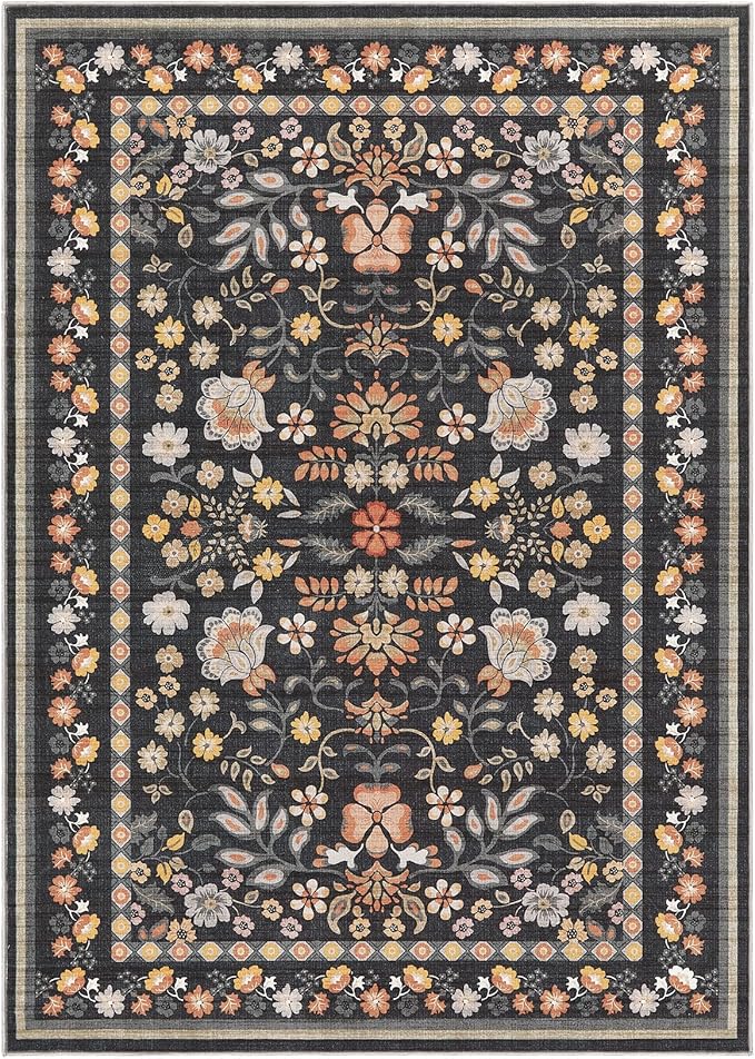 10x12 Area Rug Living Room Rugs - Washable Boho Vintage Floral Large Soft Non Slip Thin Rug Low Pile Carpet for Bedroom Dining Room Kids Playroom Office Decor Indoor- Black Grey