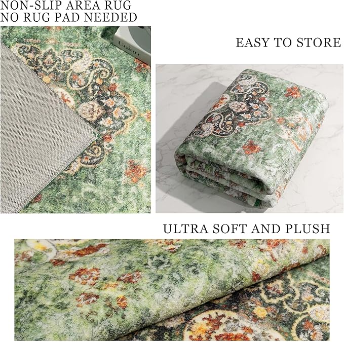 Round Rug 9ft,Large Green Circle Area Rugs for Bedroom Living Room,Washable Boho Vintage Bohemian Distressed Oriental Floral Carpet Non Slip