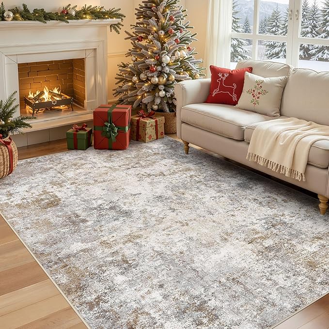 5x7 Area Rug Living Room Rugs - Washable Neutral Modern Abstract Soft Thin Large Rug Indoor Floor No Slip Rug Carpet for Bedroom Under Dining Table Home Office Decor - Brown Grey