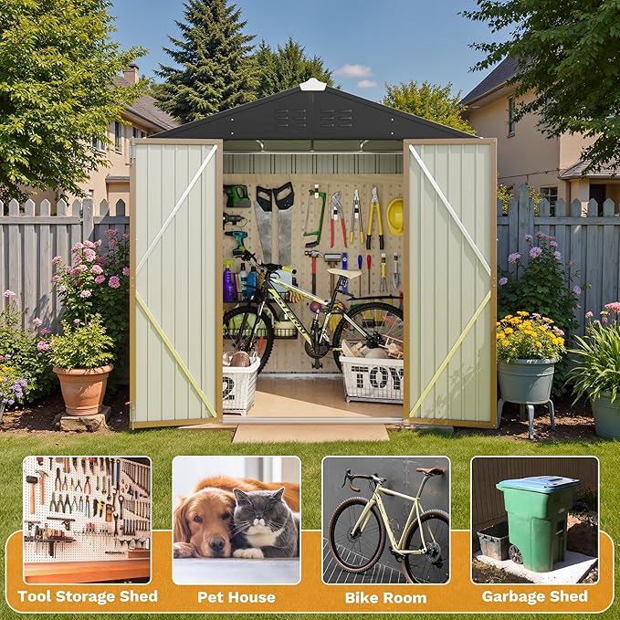 Greesum 6x4FT Outdoor Storage Shed, Utility Tool Shed Metal Storage Garden Shed with Door & Lock for Patio Storage, Brown