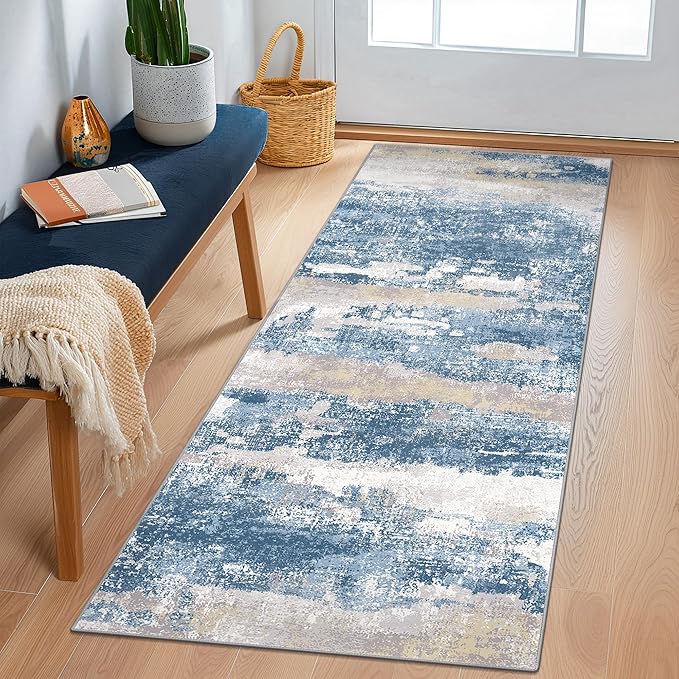 GENIMO Runner Rug 2x5 Non Slip Machine Washable Hallway Runner Rug, Low Pile Lightweight Rugs for Entryway, Hallway, Kitchen and Corridor, Blue Cream