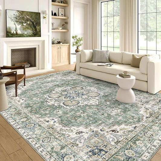 Washable Area Rug 5x8 - Boho Living Room Rug Non Slip Soft Bedroom Rug Ultra-Thin Sage Green Vintage Oriental Farmhouse Dining Room Rugs for Under Table Indoor Carpet for Living Room