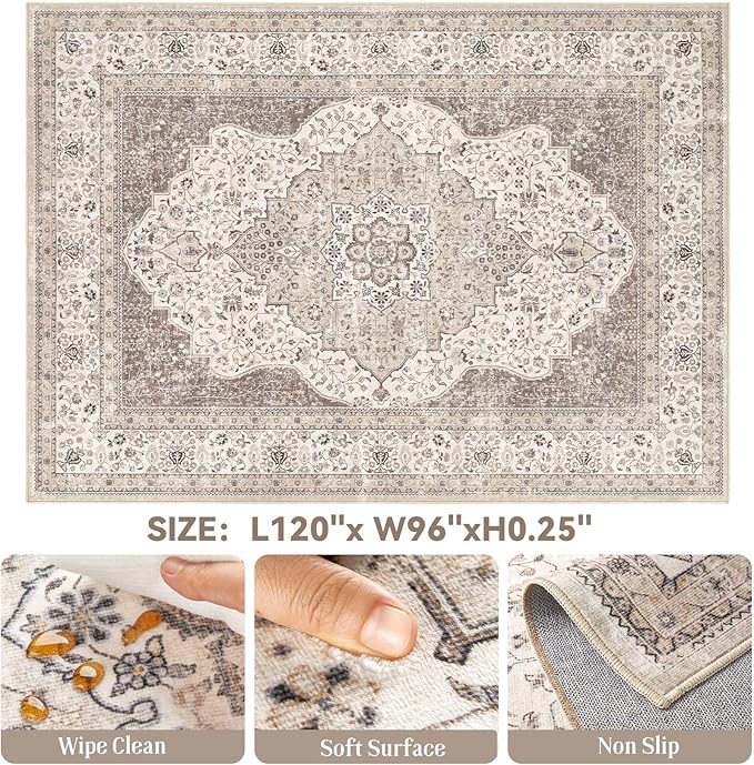 Washable Rug 8x10 Area Rugs for Living Room Bedroom Dining Room Home Office Floor Decor -Stain & Fade Resistant Non Slip Backing Carpet,Ultra-Thin Vintage Large Carpets (Brown/Beige,8'x10')