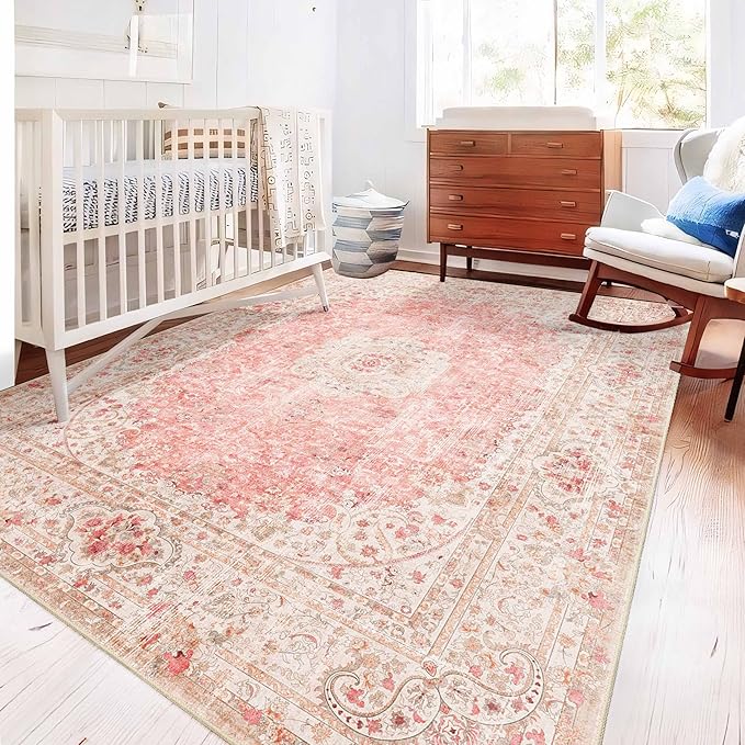 5x7 Area Rugs Washable,Pink Rug for Living Room Bedroom Kitchen,Large Boho Vintage Bohemian Distressed Carpet Non Slip,Blush