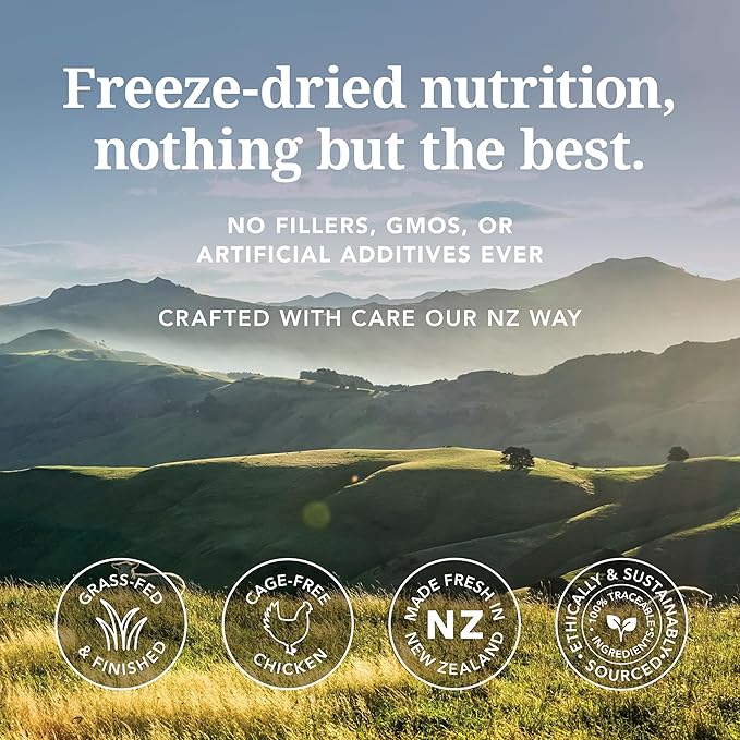 Feline Natural High Protein Dry Cat Food, Freeze-Dried Diet with 98% Meat, Organs & Seafood, No Peas, Grains, or Artificial Additives, Made in New Zealand, Chicken & Lamb, 1.8lb