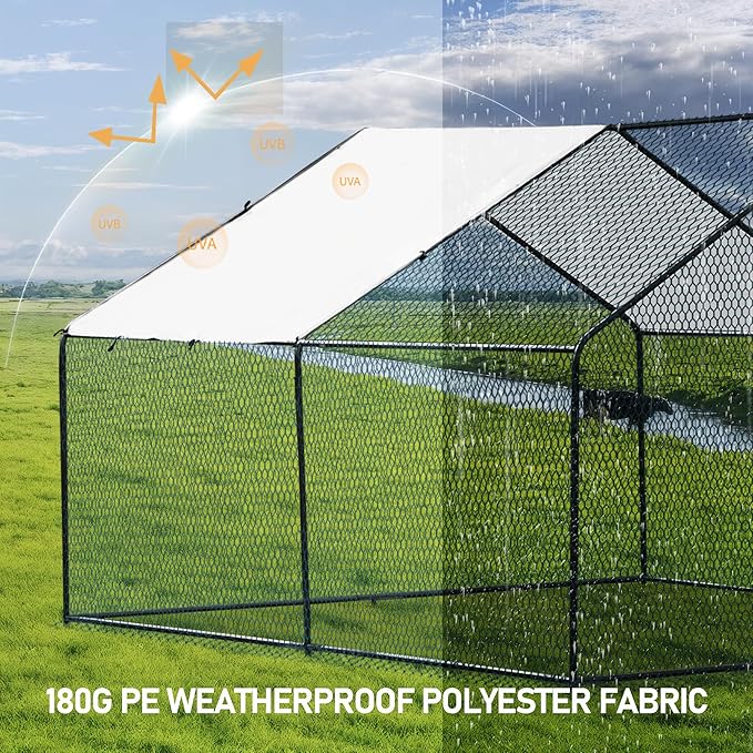 VINGLI Chicken Coop, Large Metal Poultry Cage for Chicken Run, Walk-in Chicken Pen with Waterproof & Anti-UV Cover Outdoor (Black-Spire Roof, 9.8 * 9.8 * 6.5 ft)