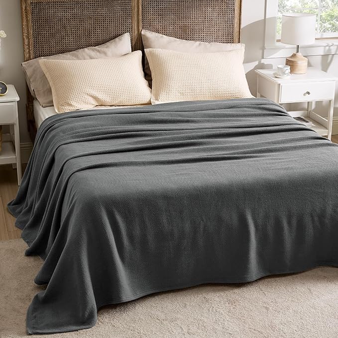 Bedsure GentleSoft 100% Cotton Blanket Queen Size for Bed - Breathable and Lightweight, Soft Cozy Textured Herringbone Woven Blanket for Summer, Dark Grey, 90x90 inches