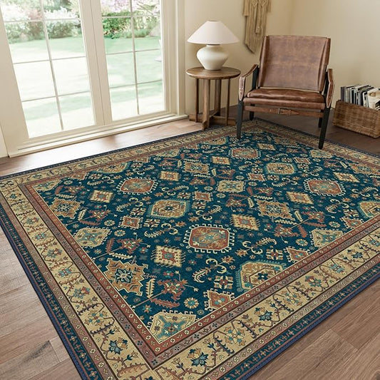 GENIMO Machine Washable 6x9 Area Rugs for Living Room, Non Slip Vintage Rugs, Low Pile Lightweight Chenille Print Rug for Bedroom, Dining Room, Home Office, Black Yellow